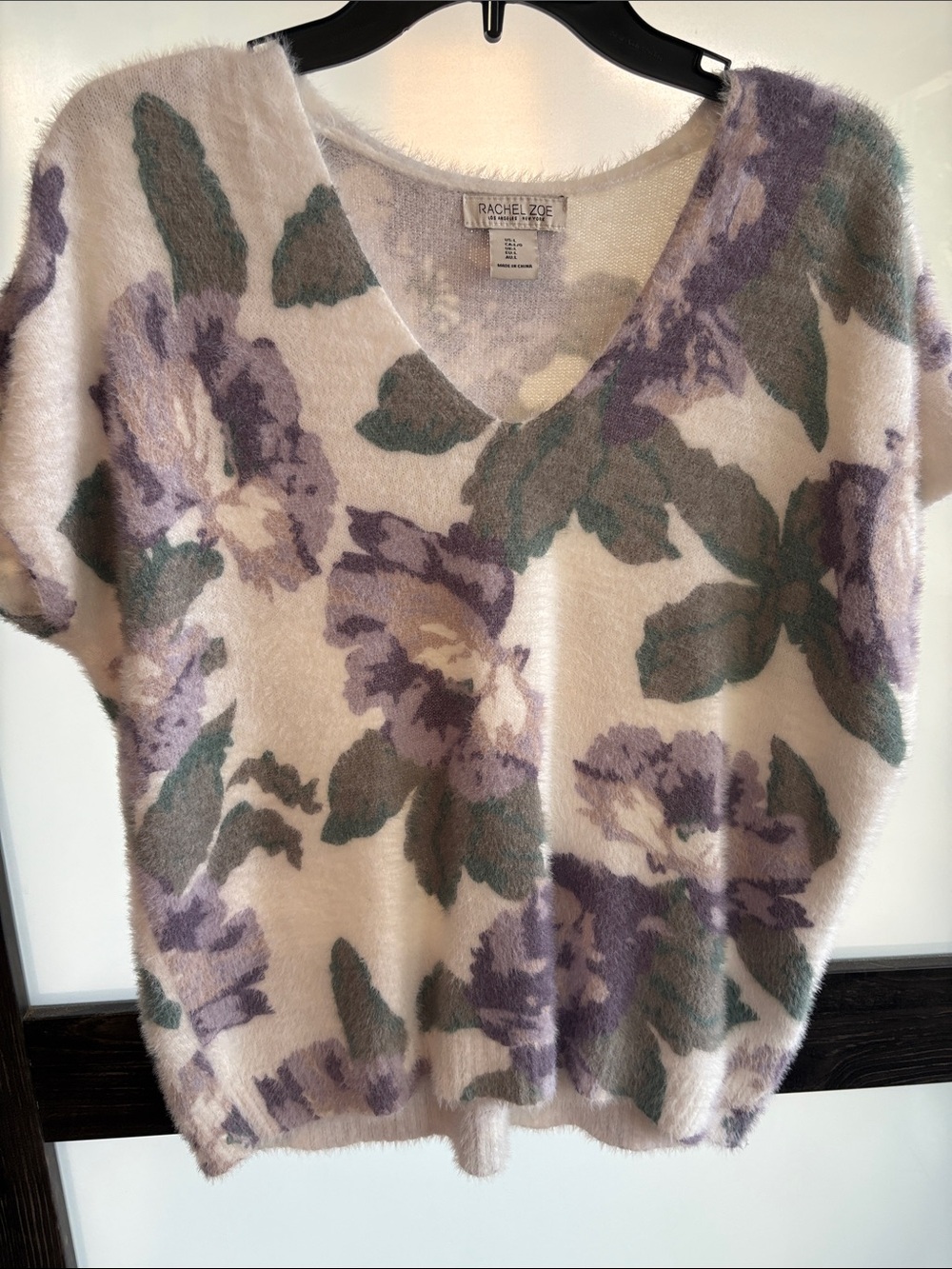 Rachel Zoe Cream V-Neck Sweater with Purple and Green Floral Print